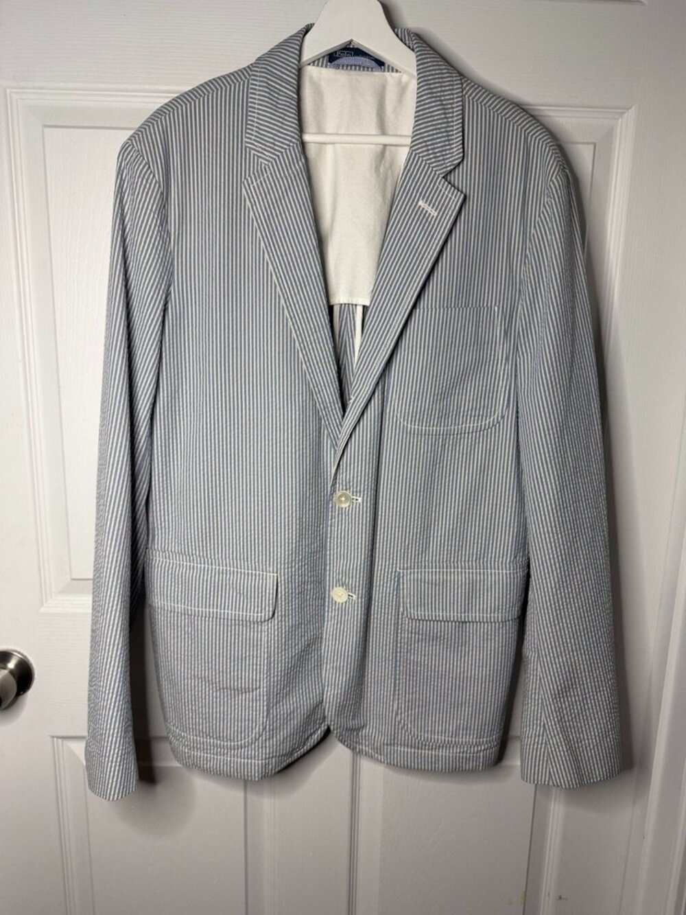 Polo Ralph Lauren Blazer Mens 44R Jacket Seersucker Stripe White Nautical NWT